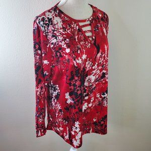 Avenue Womens Red Floral Long Sleeve Blouse